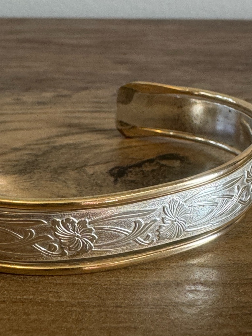 Vintage Floral Engraved Gold-Tone Cuff Bracelet Hawaiian Flowers Silver Bracelet
